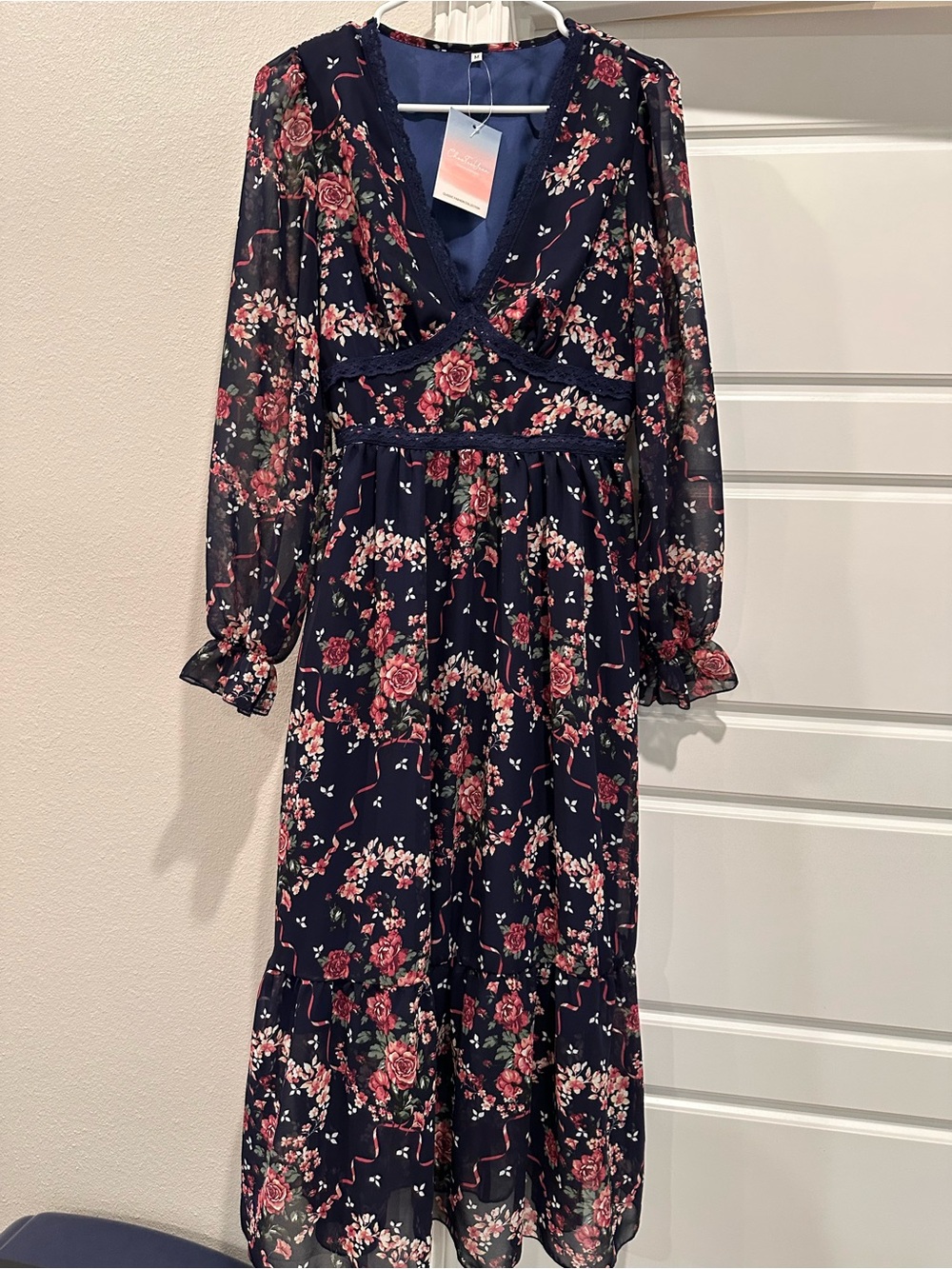 Navy Floral Long-Sleeve Midi Dress by